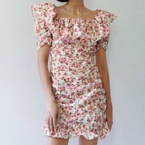 Zara Pink Floral White Ruffled & Ruched Mini Dress SIZE SMALL
